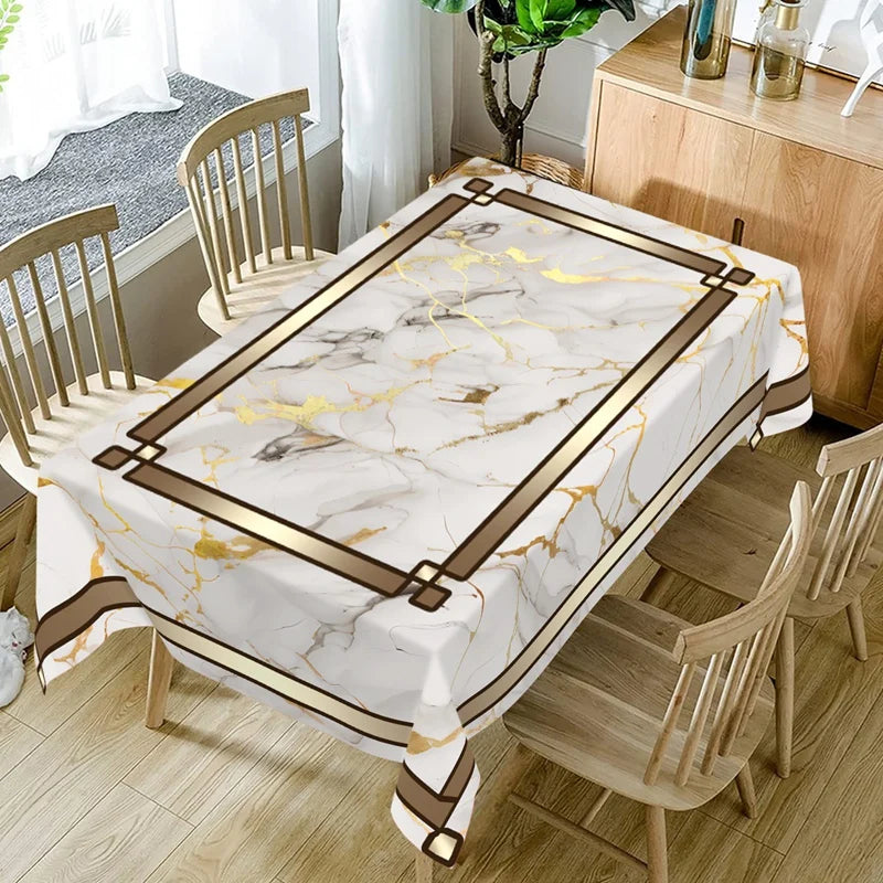 nappe élégante imitation marbre veines dorées bordure décorative moderne polyestre table rectangulaire ronde blanc