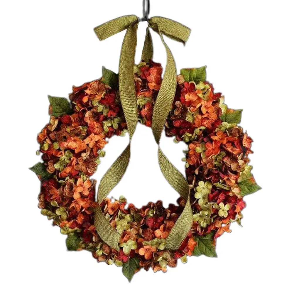 décoration automnale couronne fleurs artificielles ruban papillon hortensia porte entrée Thanksgiving rustic