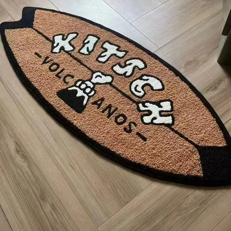 tapis marron clair noir lettres blanches volcans moderne graphique imperméable résistant intérieur porte chambre