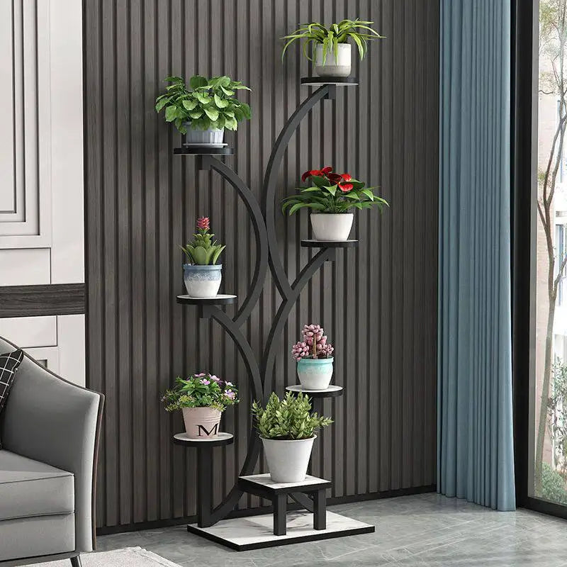 meuble plantes moderne minimaliste noir doré blanc structure arborescente plateaux simples