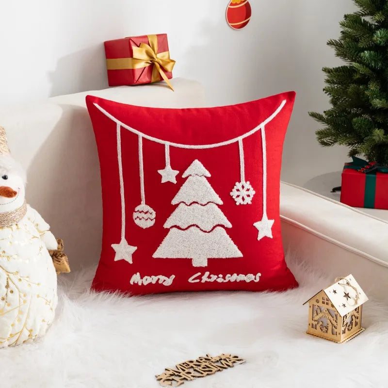 housses coussins brodées noël rennes neige opaques nordique rouge blanc gris festive