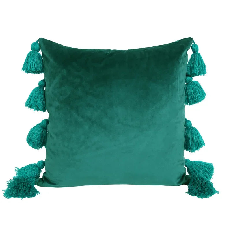 housse coussin velours moderne bohème couleur unie pompon décoratif 45x45cm
