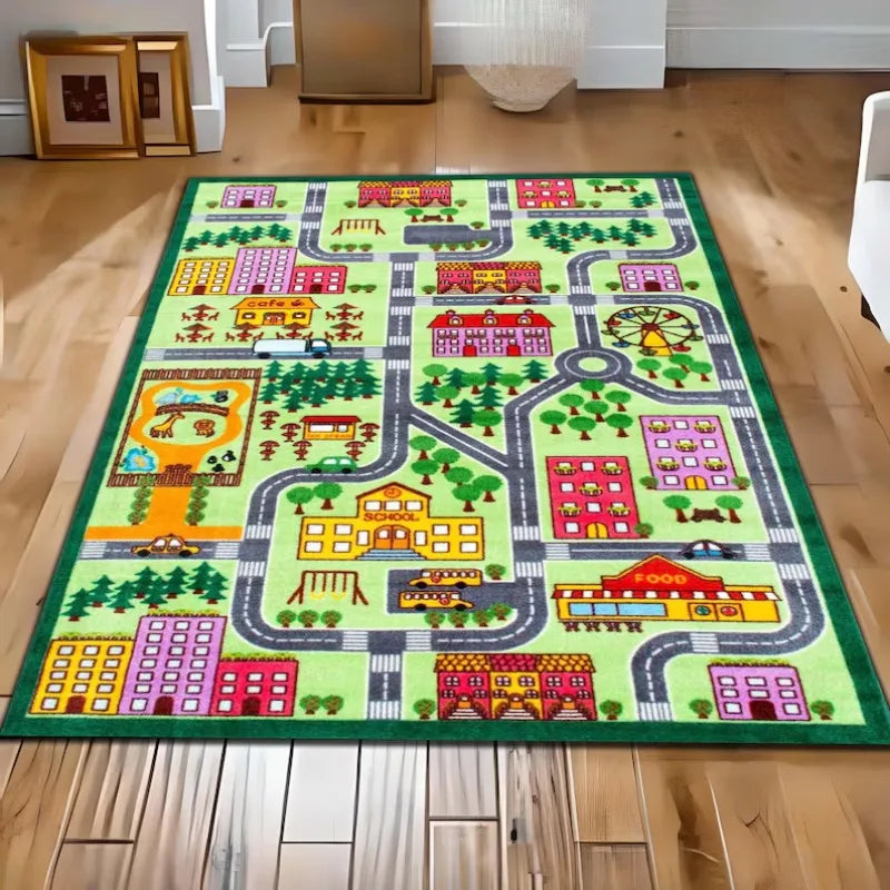 tapis urbain enfants voitures routes bâtiments moderne polypropylène vert gris blanc
