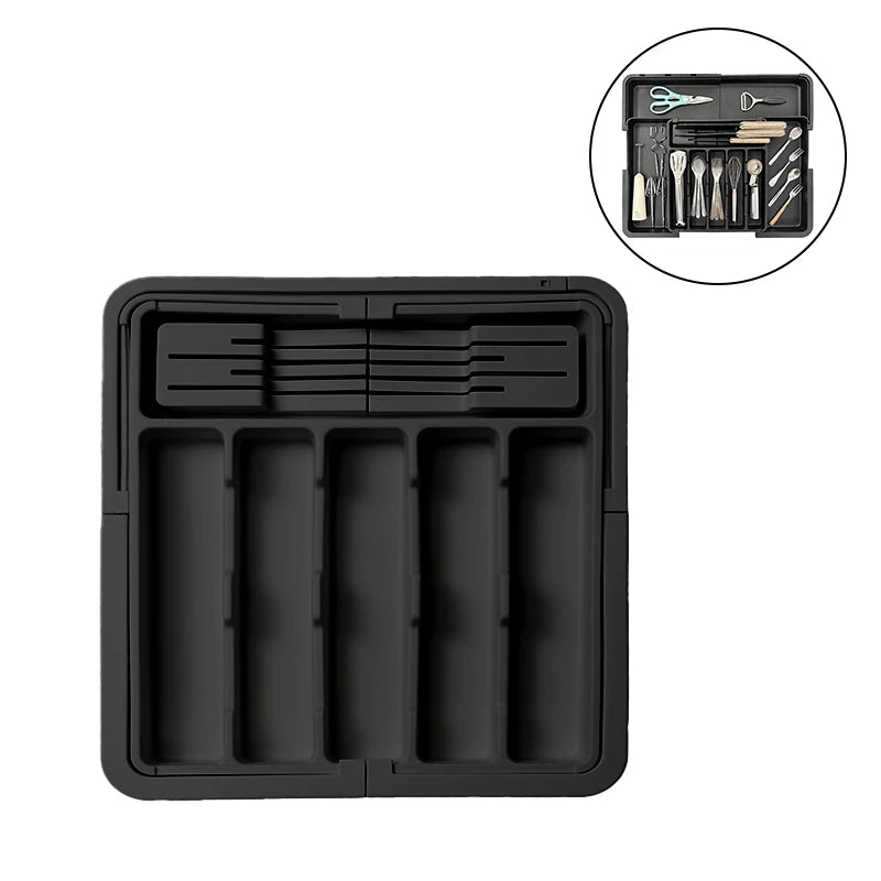 organisateur tiroir rangement cuisine moderne couverts vaisselle ustensiles extensible noir argenté