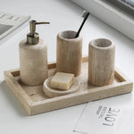 ensemble salle bain moderne pierre marbrée distribiteur savon porte brosse dents plateau carré beige
