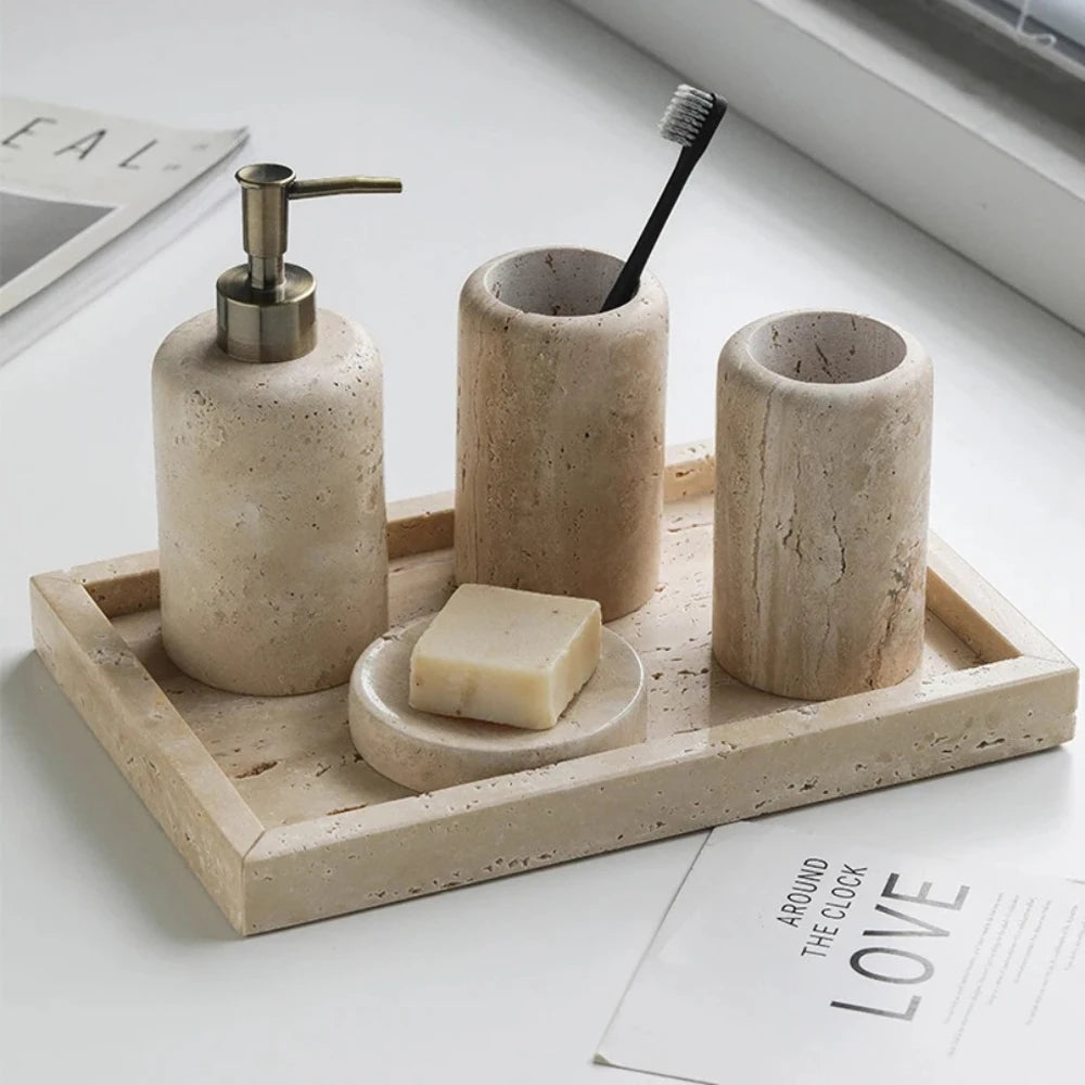ensemble salle bain moderne pierre marbrée distribiteur savon porte brosse dents plateau carré beige