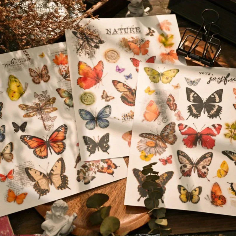 autocollants papillons multicolores fleurs motifs naturels adhésifs scrapbooking diy junk journal collage materiaux vintage