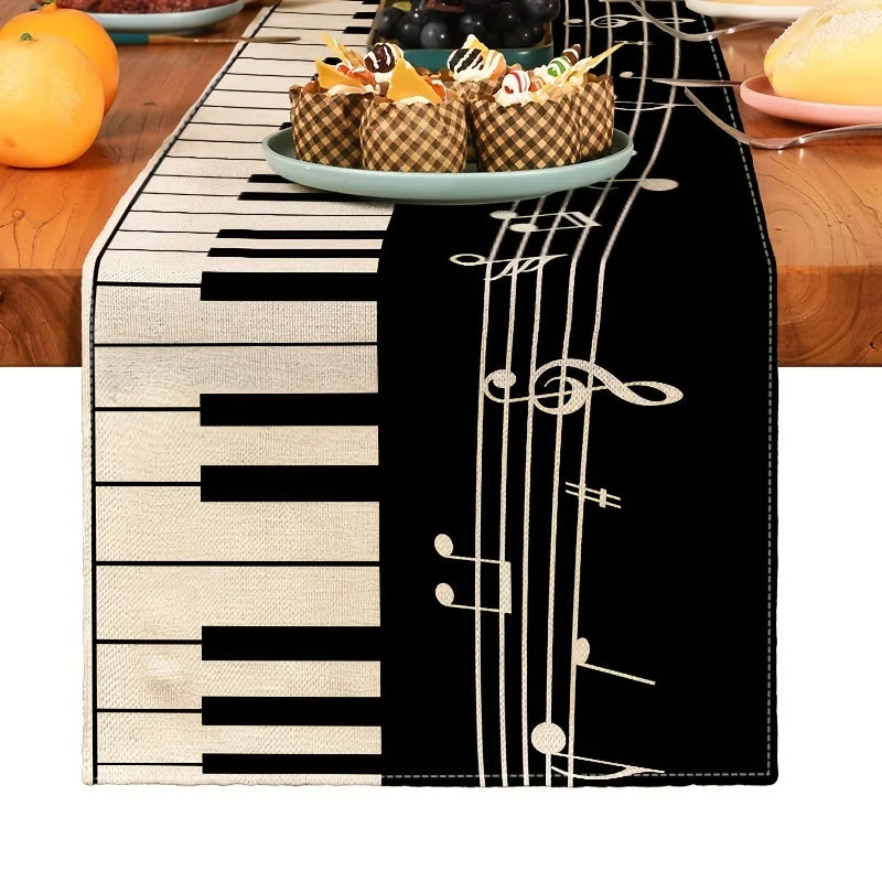 tableau chemin table lin noir blanc notes piano moderne decorative anniversaire assiettes fruits vase