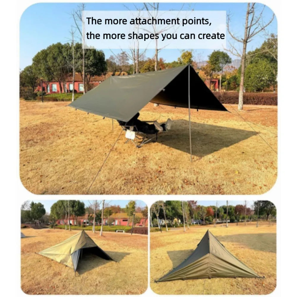 tarp polyvalent camping abri toile épaisse occlusion variable configurations multiples adaptateur