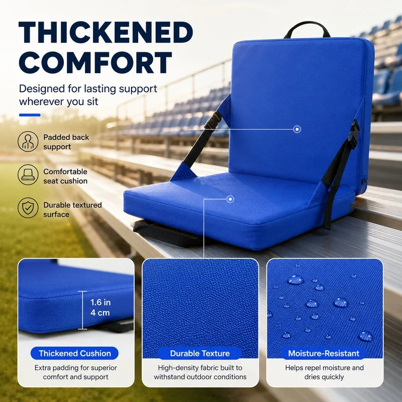 coussin siège portable extérieur bleu toile ajustable poche transporte facilement