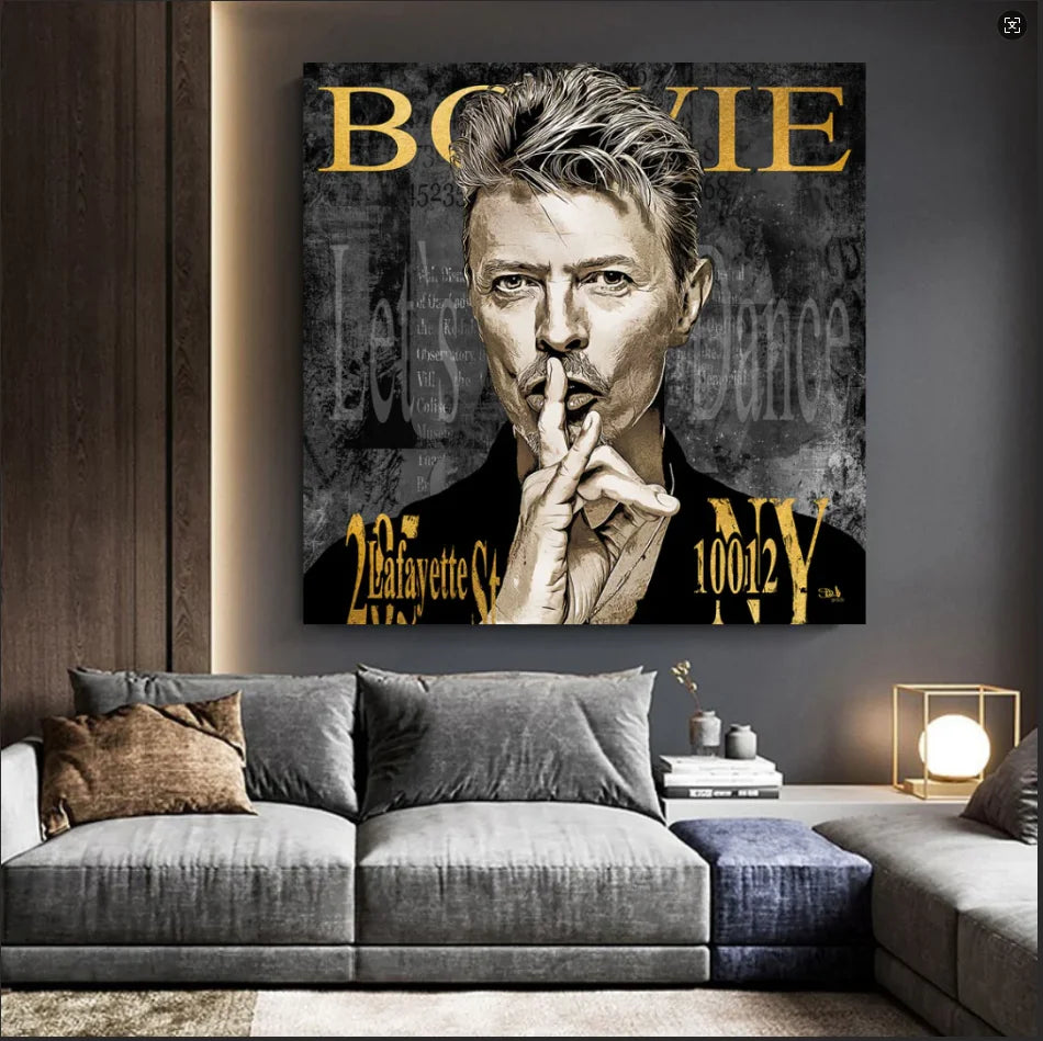 tableau moderne portrait david bowie noir doré gris pop art prêt accrochage sans cadre