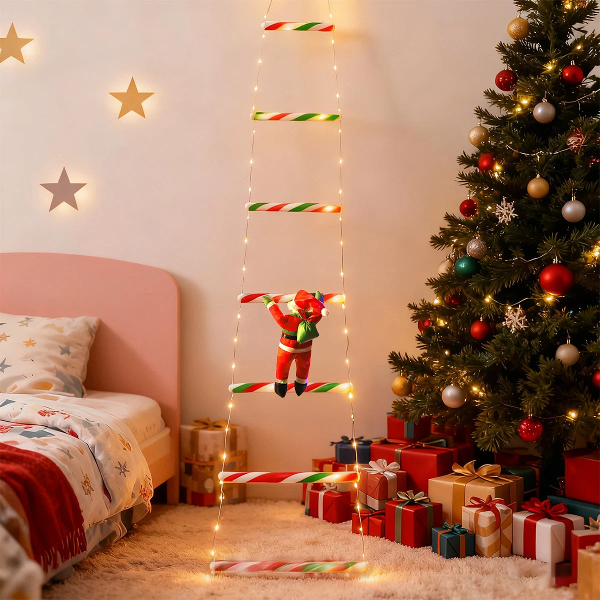 décoration noël lumineuse père noël guirlandes rayures colorées moderne adhésif rouge vert blanc
