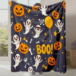 Une affiche d'Halloween avec des citrouilles, des fantômes et le mot "Boo!" sur un fond sombre.