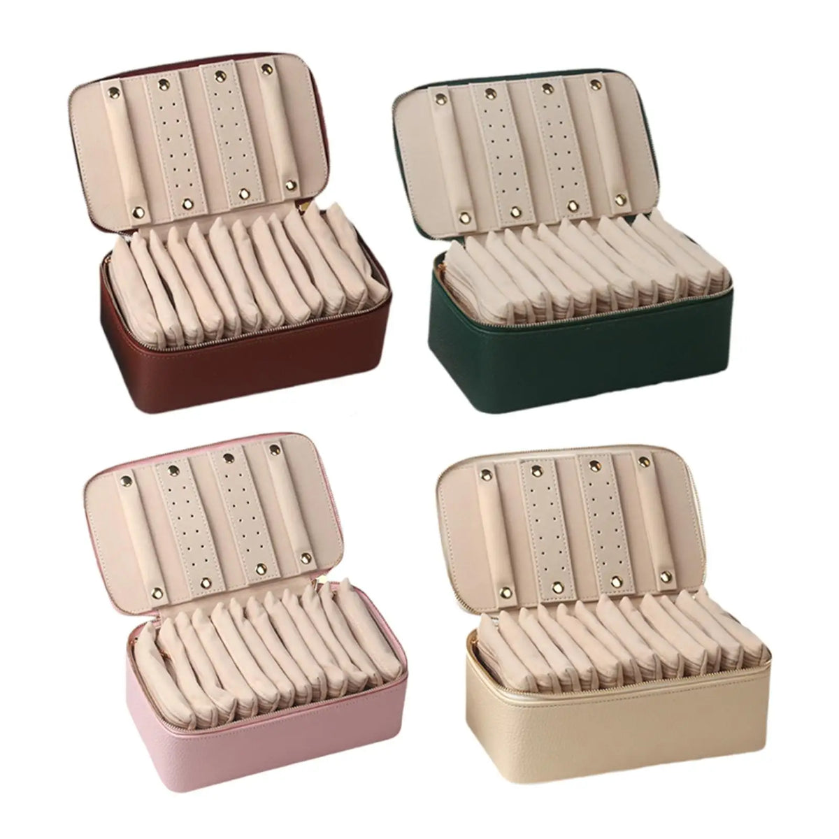boîte bijoux simili cuir perforations moderne pratique beige rose marron vert fermeture glissière plaquettes