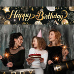 bannière anniversaire enfant moderne happy birthday ballons confettis clips doré noir festive