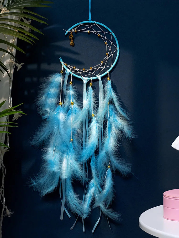 attrape rêves plumes lune boho rose bleu blanc décoratif chambre fil suspendu