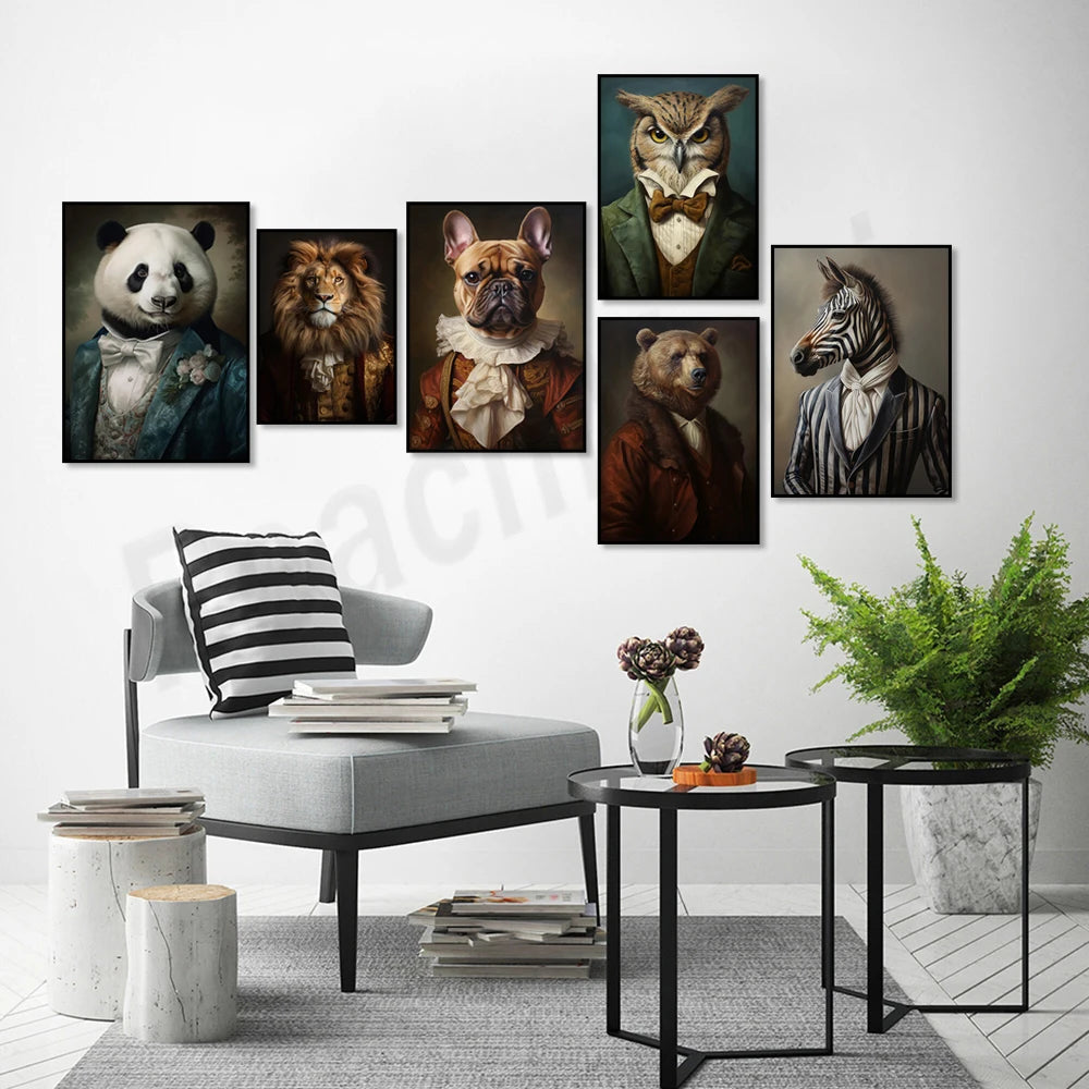 Une collection de portraits animaliers élégants et fascinants, donnant vie à des créatures sauvages dans des tenues et des poses éminemment humaines, créant une atmosphère sophistiquée et captivante dans l'espace.