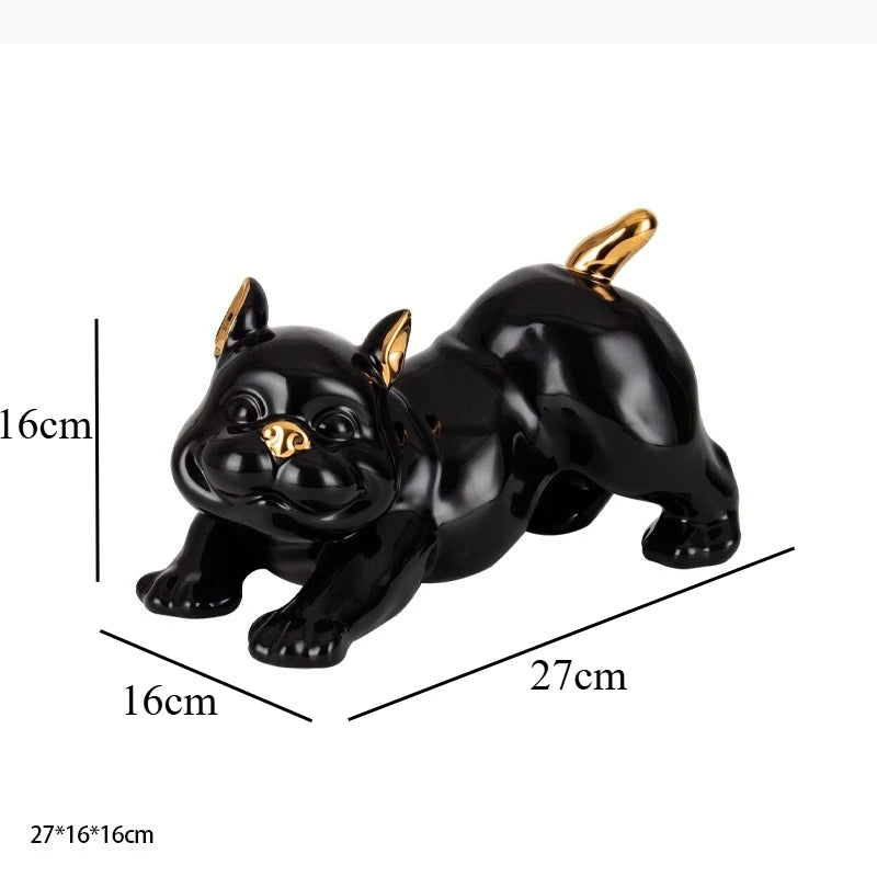 figurine chien bouledogue français noir blanc détails dorés lisse brillante moderne décorative