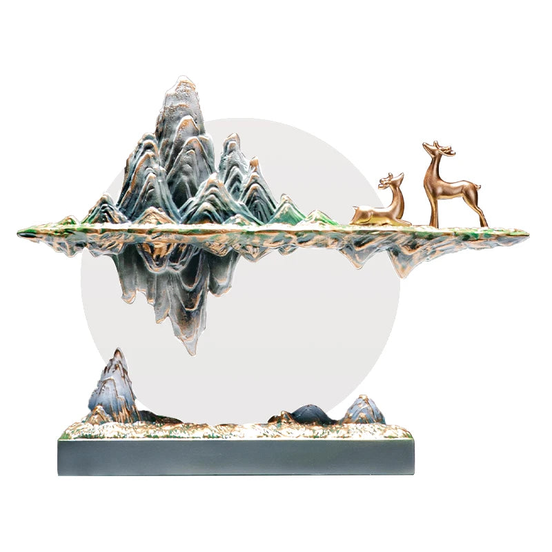 sculpture décorative résine verte montagnes stylisées animaux dorés moderne living room cadeau