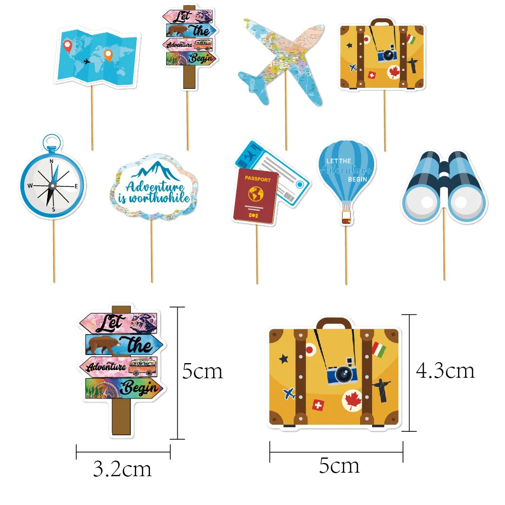 décoration fête voyage avion valise boussole globe lettres toppers cupcakes illustrations aventures