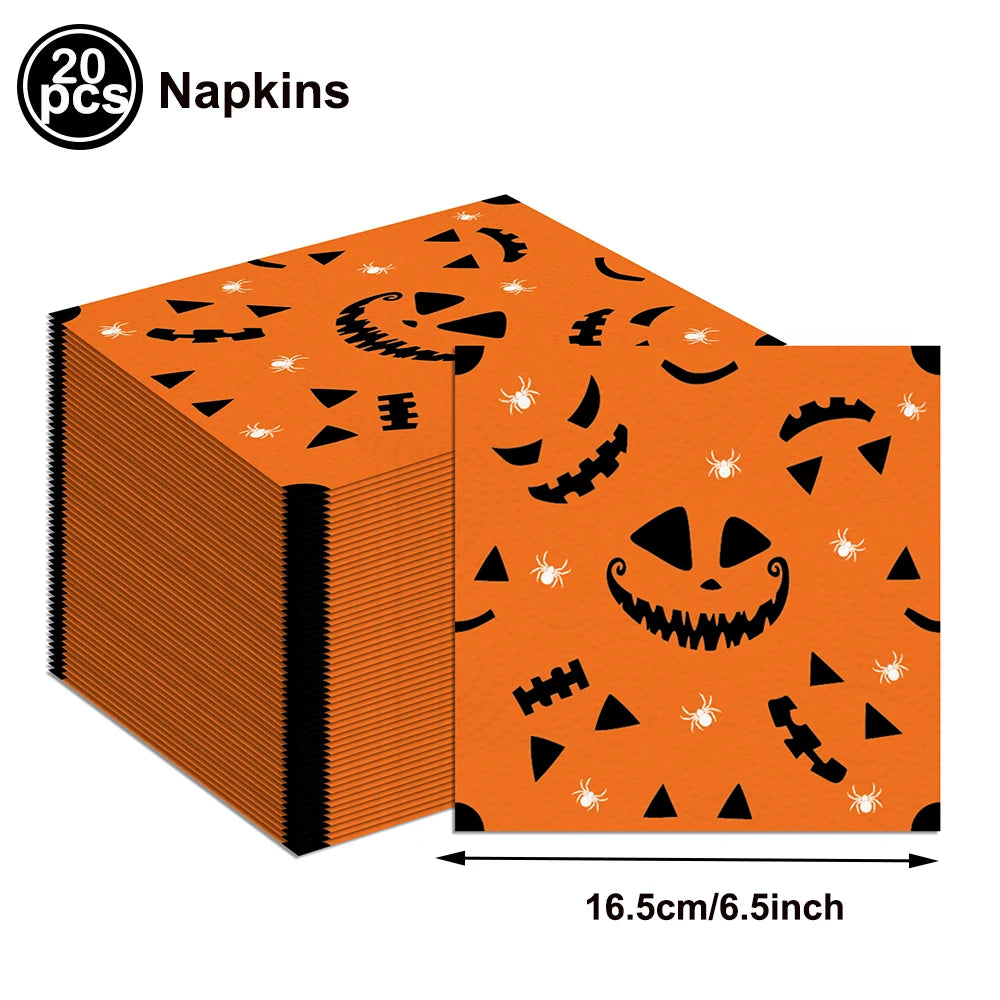serviettes papier halloween motifs citrouille fantôme crâne main ensanglantée sorcière chauve souris cocktail