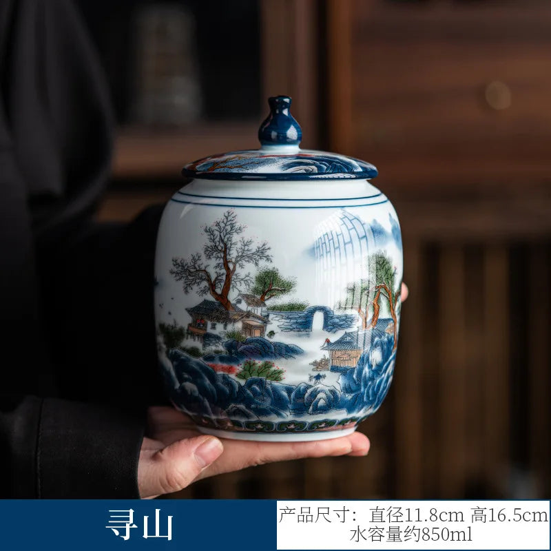 pot thé céramique blanc bleu paysage chinois couvercle fleurs montagnes arbre traditionnel