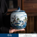 pot thé céramique blanc bleu paysage chinois couvercle fleurs montagnes arbre traditionnel