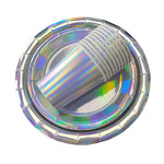 assiettes holographiques argentées gobelets pailles serviettes guirlande festif moderne événement anniversaire mariage