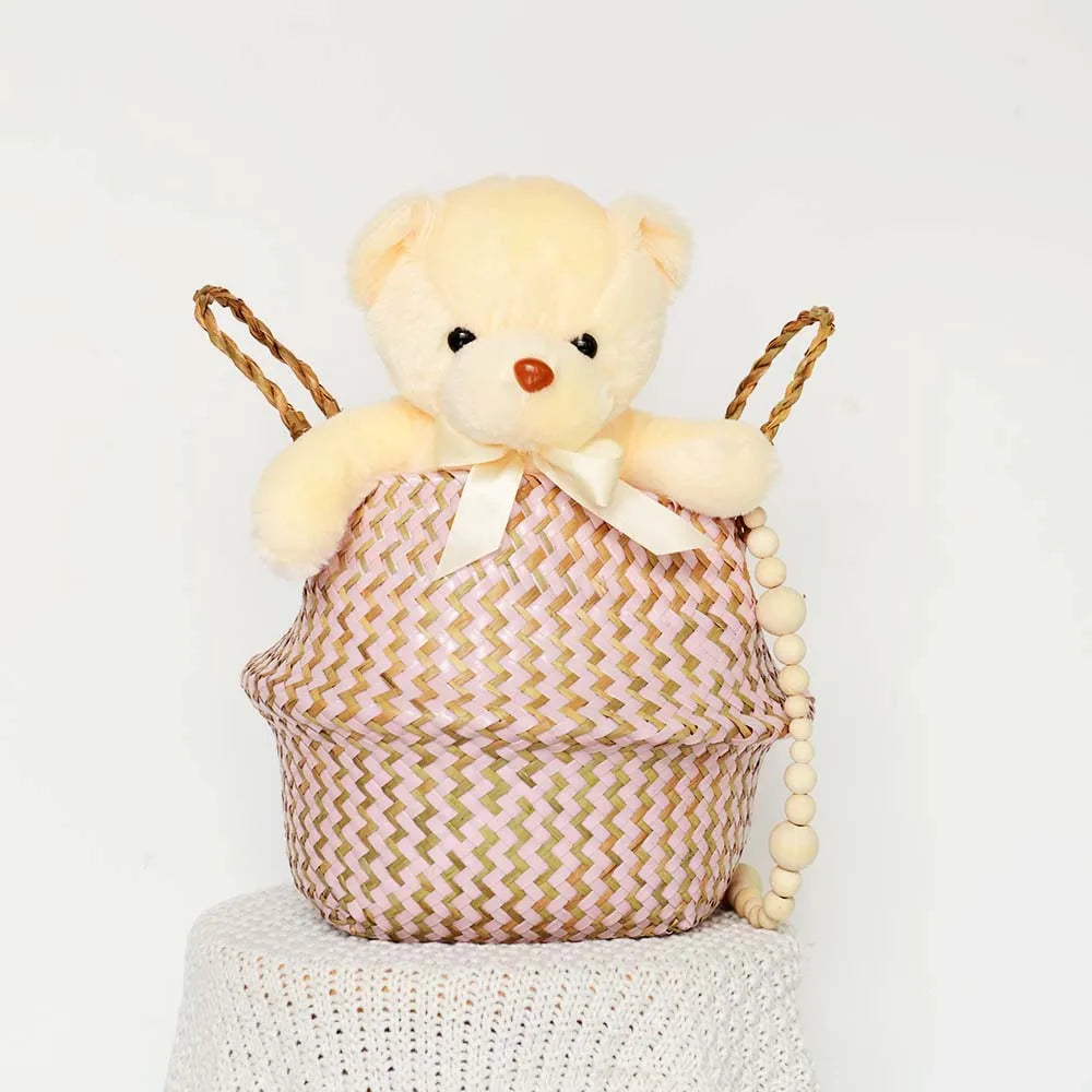 panier rangement tressé bleu beige zigzag ours peluche bois poignées