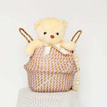 panier rangement tressé bleu beige zigzag ours peluche bois poignées