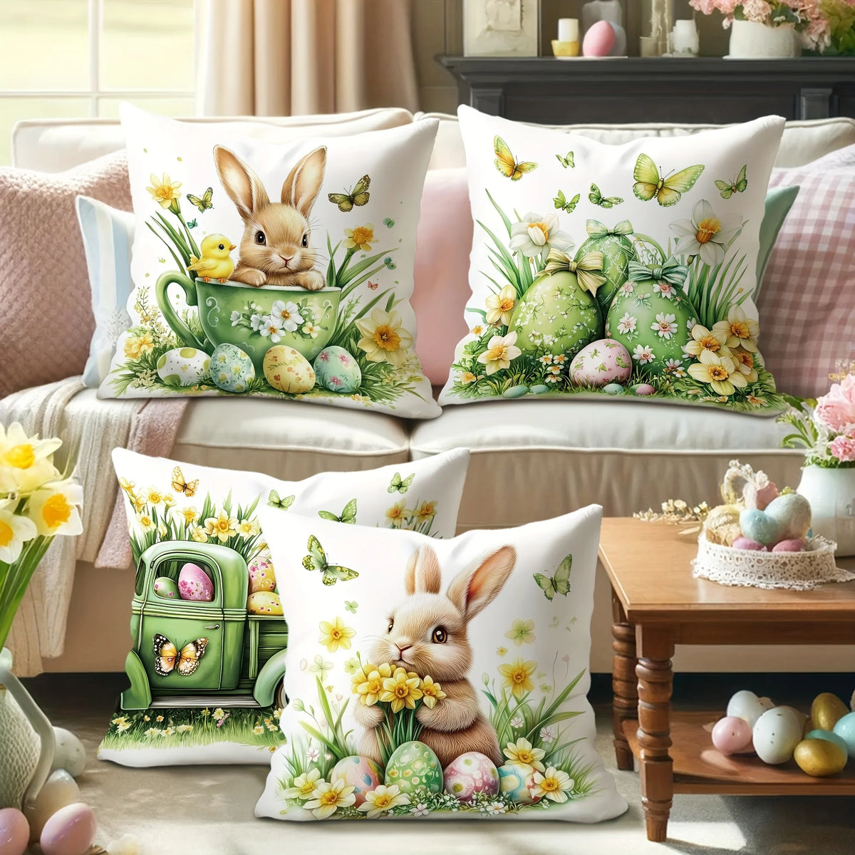 taies d'oreiller lapins pâques fleurs printemps coussin maison polyester blanc vert