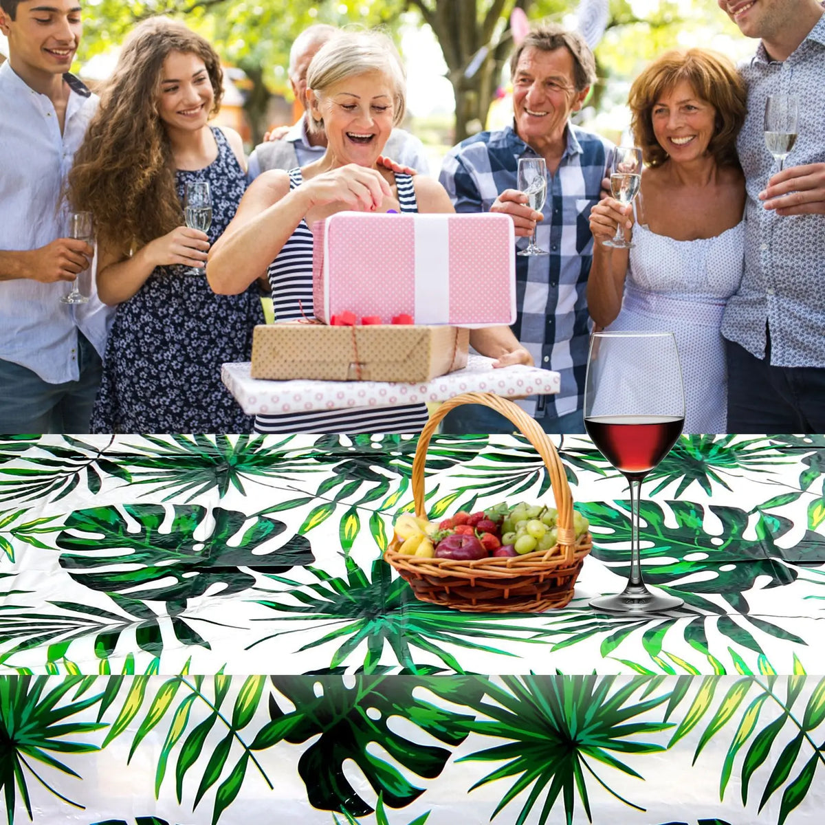 nappe jetable anniversaire motif tropical feuilles palmier fleurs verte moderne festivités été