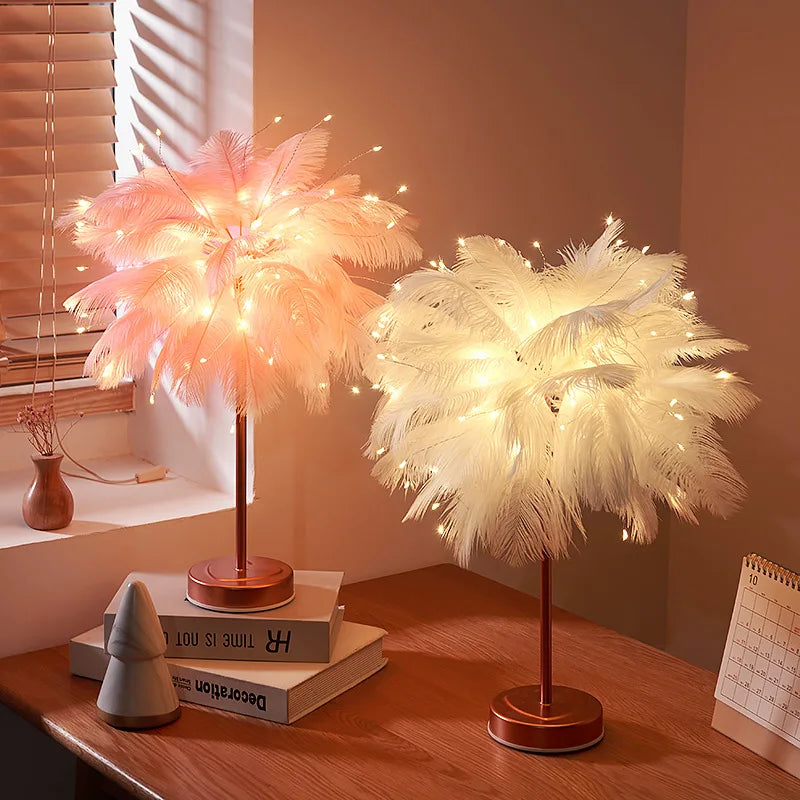 lampe arbre plumes guirlande led rose blanche dorée décoration bohème moderne chambre