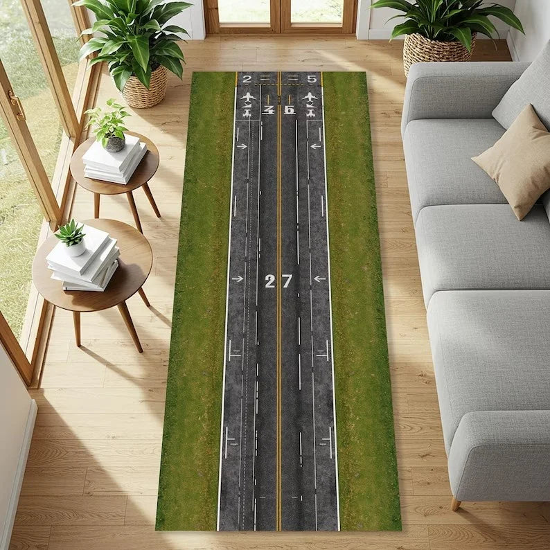 tapis piste aéroport motif course auto couleur noir jaune vert gris rouge blanc moderne