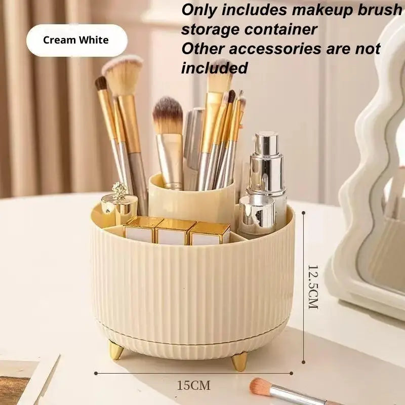 organisateur maquillage crème blanche rayures verticales moderne pieds patte d'animal bouteilles produits cosmétiques brosse