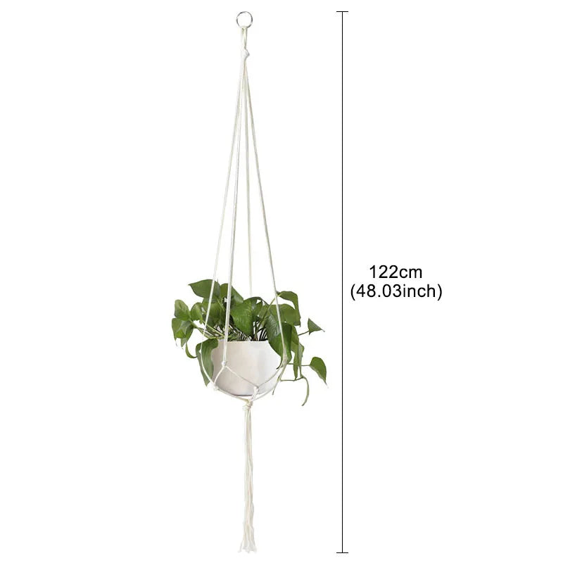 Support plante suspendue macramé boho rotin blanc orange anneaux métalliques