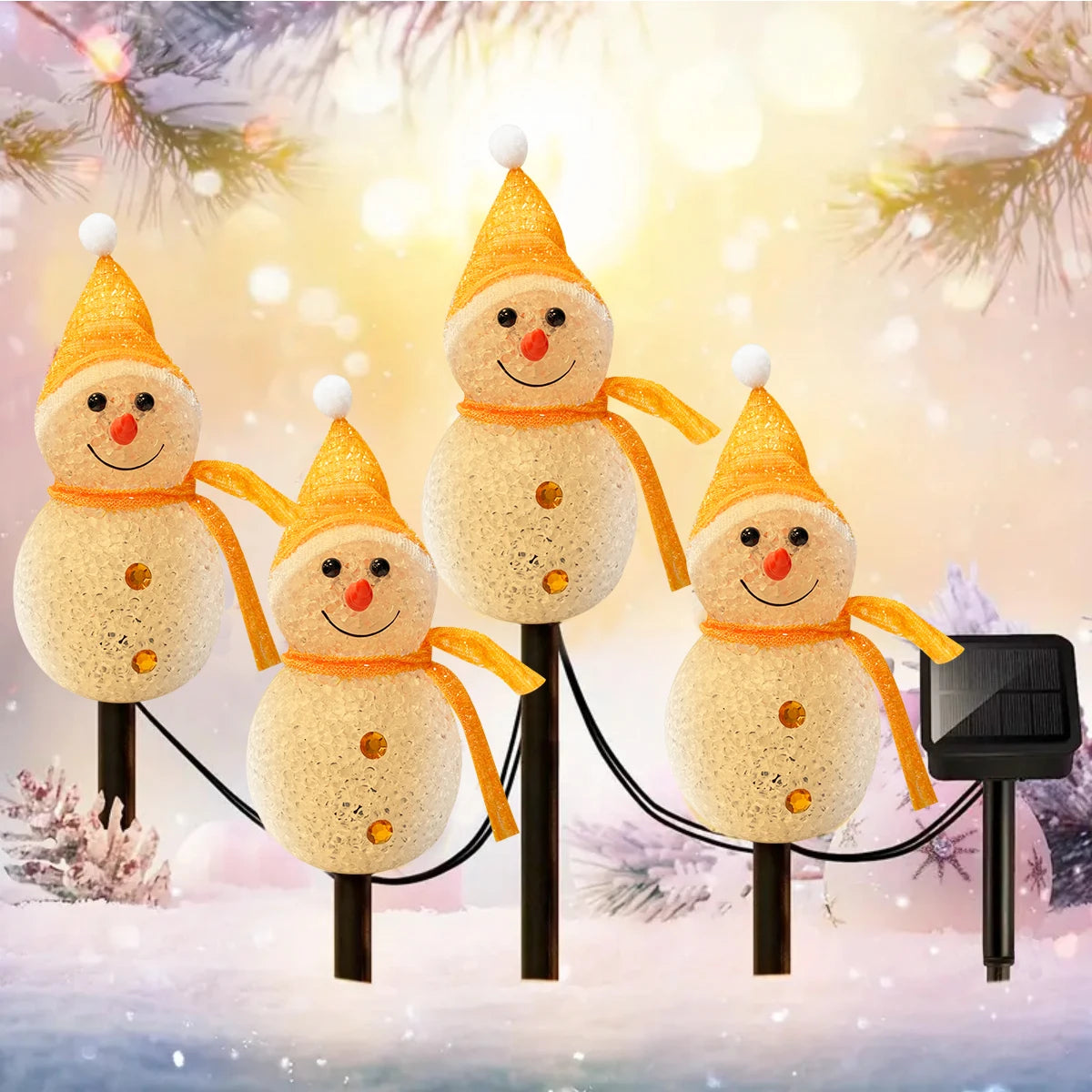 décoration noël bonhommes neige lumineux piquet glitter blanc vert jaune rose festiveextérieur jardin