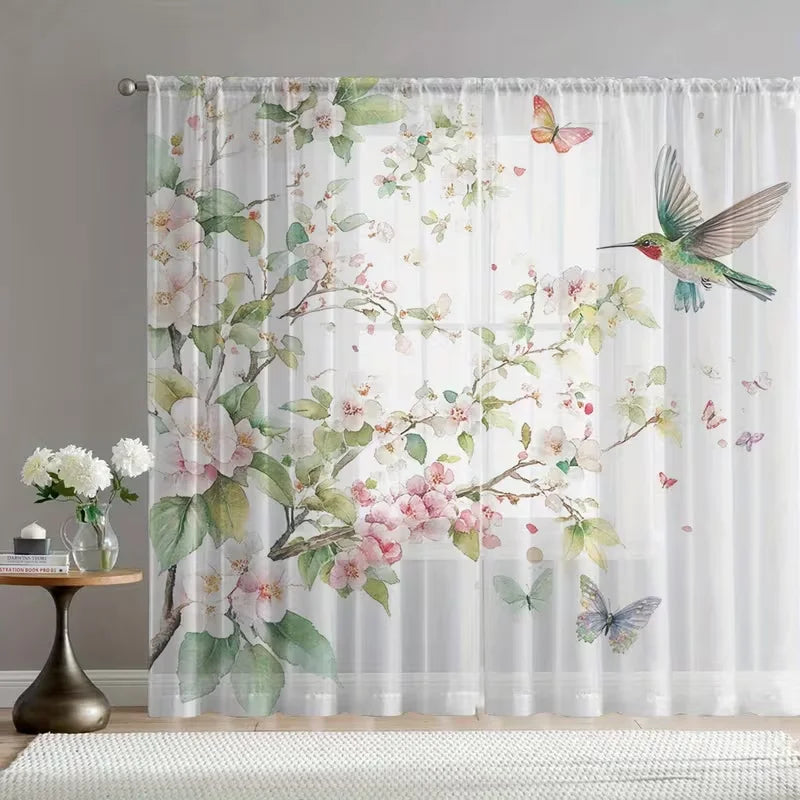rideau transparent imprimé fleurs papillons oiseaux moderne blanc vert rose bleu maison hospitalité