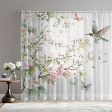 rideau transparent imprimé fleurs papillons oiseaux moderne blanc vert rose bleu maison hospitalité