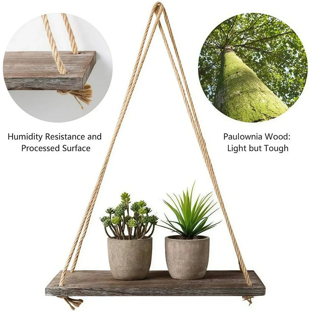 étagère suspendue bois brun clair rustique minimaliste ficelle tressée anneaux métalliques pots plantes cadre