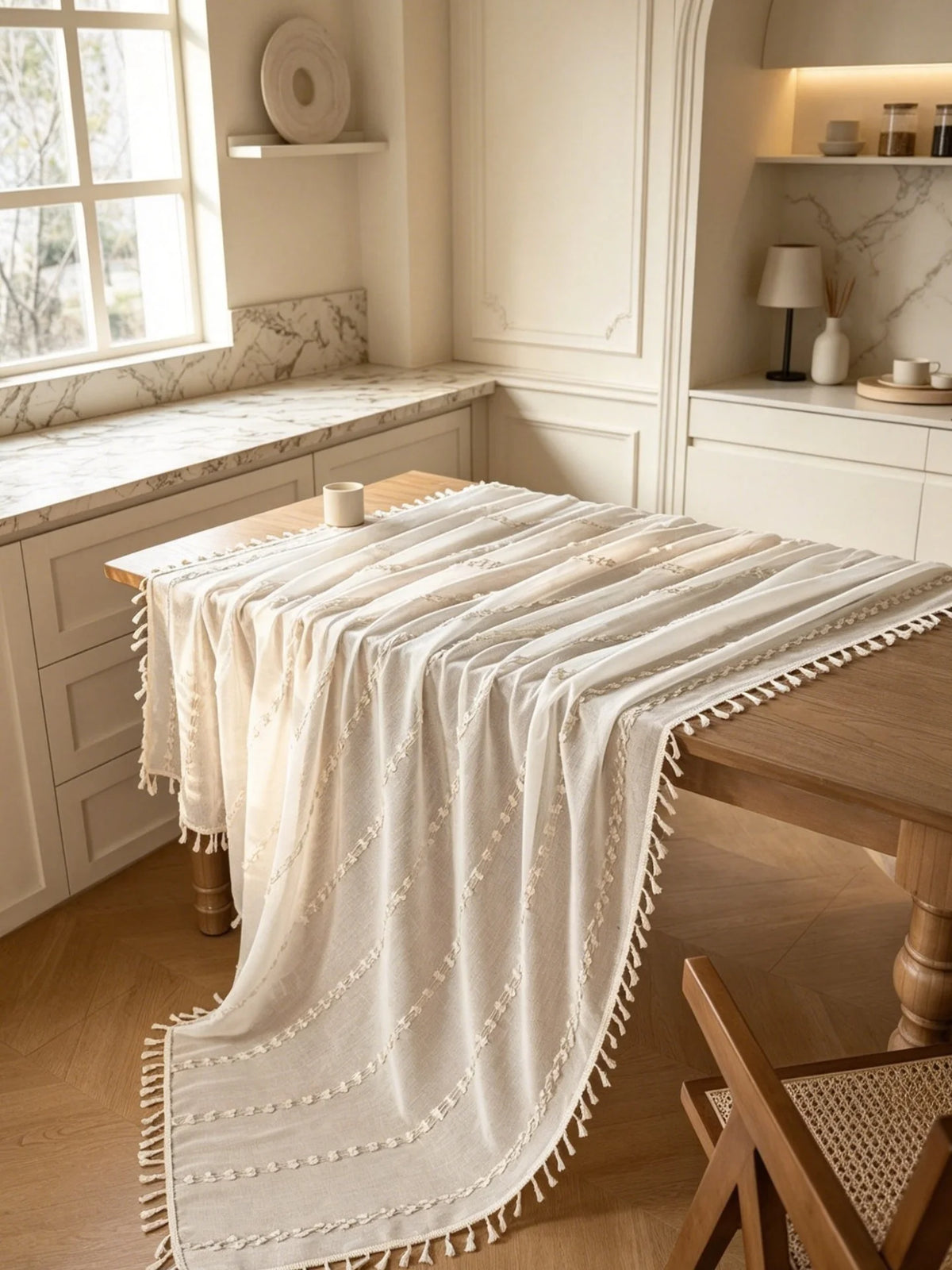 nappe beige clair rayées franges rustique boho chic table salle manger polyester machine