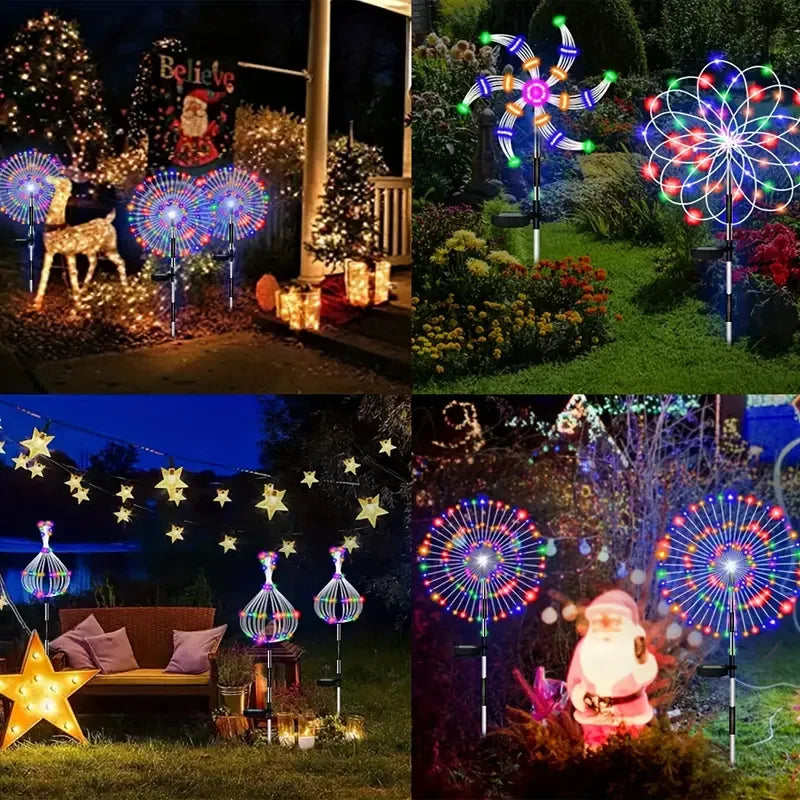lampe solaire extérieure 200 led multicolore feu d'artifice moderne piquet métallique base lampe