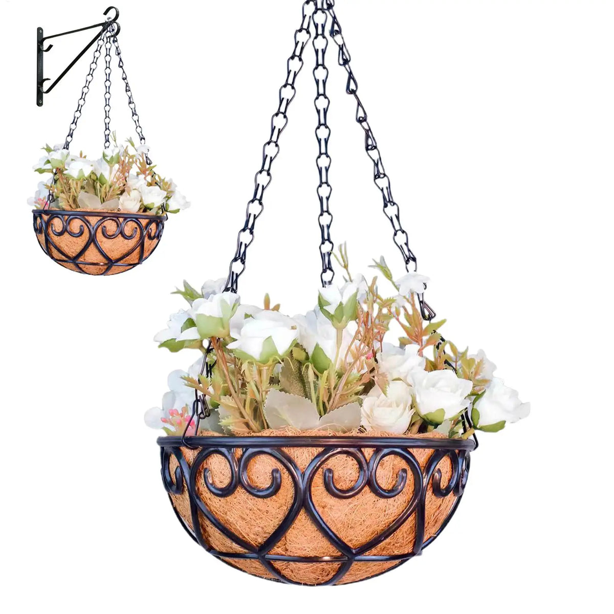 paniers suspendus résine fleurs artificielles chaîne métal décoratif marron noir vert rustiqueextérieur plante verte