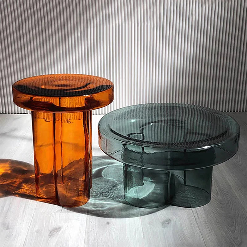 tables basses modernes verre texturé transparent sculptural maison deco orangerousse grisvert