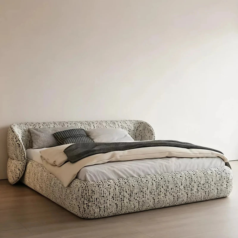 lit tissu texturé tête lit moderne minimaliste beige gris blanc chambre coucher matériaux bois