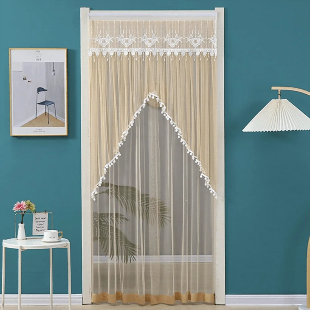 rideau porte décoration dentelle pompons auto adhésif blanc beige violet vertclair