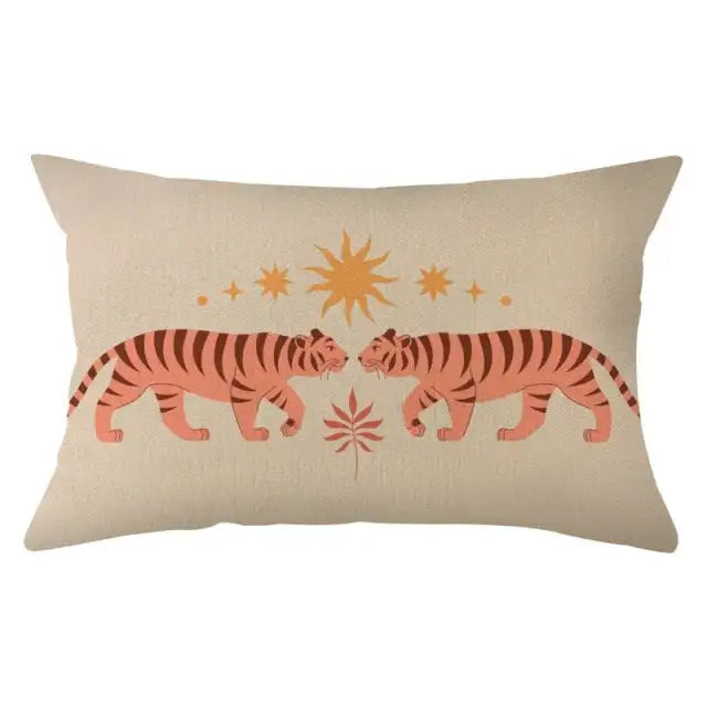 coussin rectangulaire polyester motif géométrique moderne beige orange noir blanc respectueux environnement qualité maison