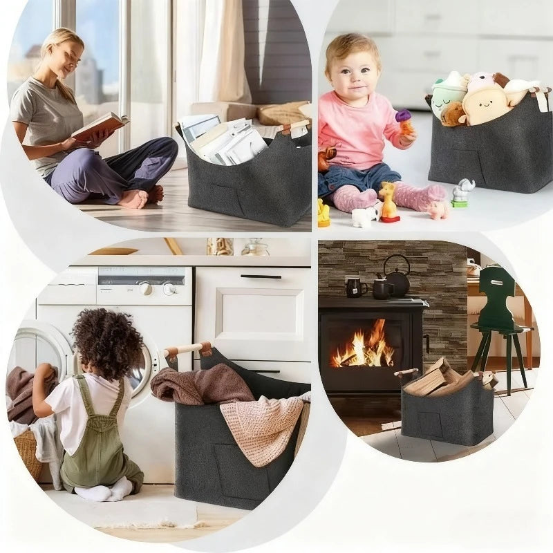 panier bois chauffe feutre gris foncé pliable poignées cuir moderne rangement sac transport large