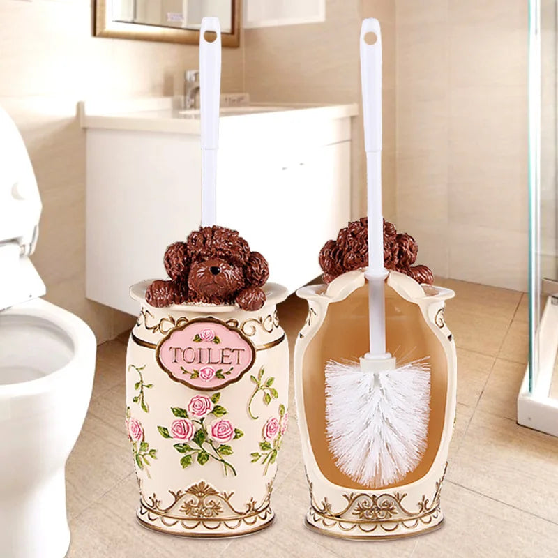 brosse wc classique floral ornements dorés beige doré bleu rose blanc tringle