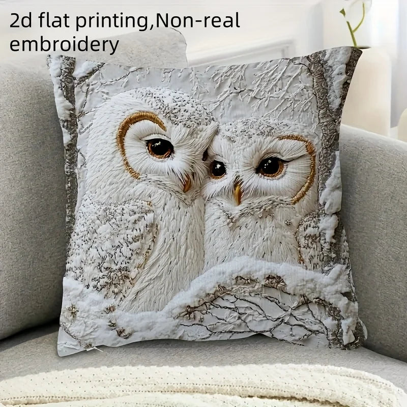 housse coussin carré motif chouettes neige texture veloutée polyester blanc moderne maison chambre coucher
